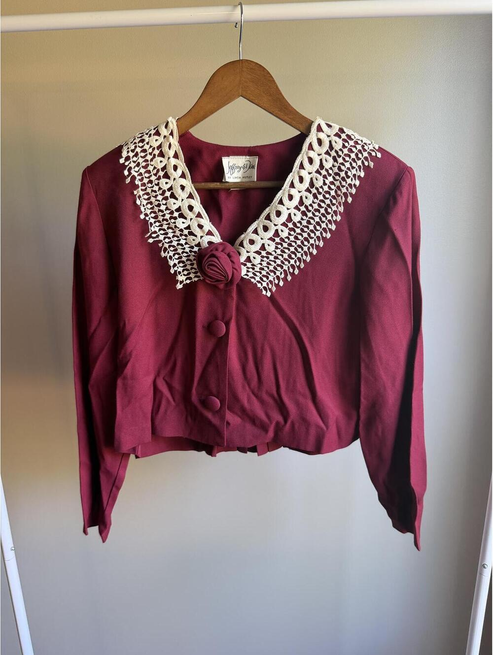 Jeffrey & Dara vintage 80s button up lace collar crop jacket with rose details